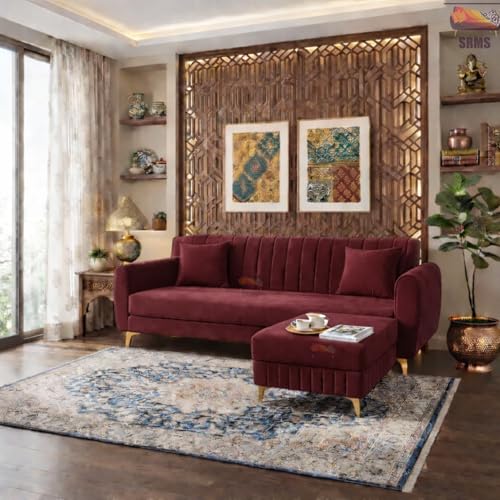 Image of SRMS Golden Legs 4 Seater L Shape Velvet Fabric Sofa Set with Four Cushions | Perfect for Home Office Guests Living Room | Sofa Set for living Room | 74 x 32 x 30 inches | Maroon