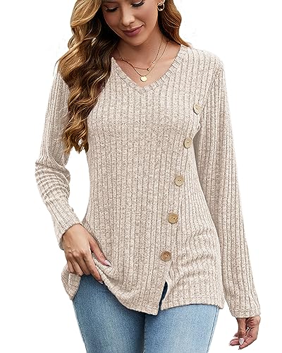 Image of JomeDesign Womens Sweaters Long Sleeve Shirts V Neck Sweatshirt Loose Casual Tunic Tops