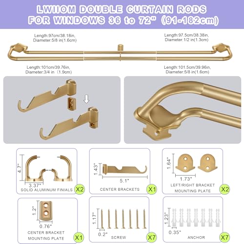 Lwiiom Gold Double Curtain Rods For Windows 36-72 Inch,Heavy Duty Double Curtain Rod with Aluminum Finials and Bracket,Adjustable Double Window Rods For Blackout Or Room Darkening Panels by Lwiiom - Image 7
