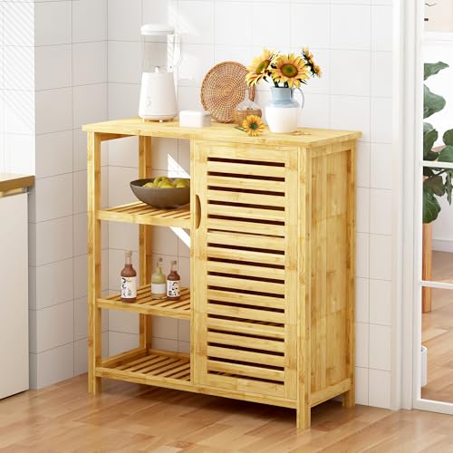 SogesPower Armoire de Rangement pour Salle de Bain avec Porte et étagères, Meuble de Rangement Autonome avec Porte à volet, Armoire en Bambou à 3 Niveaux...
