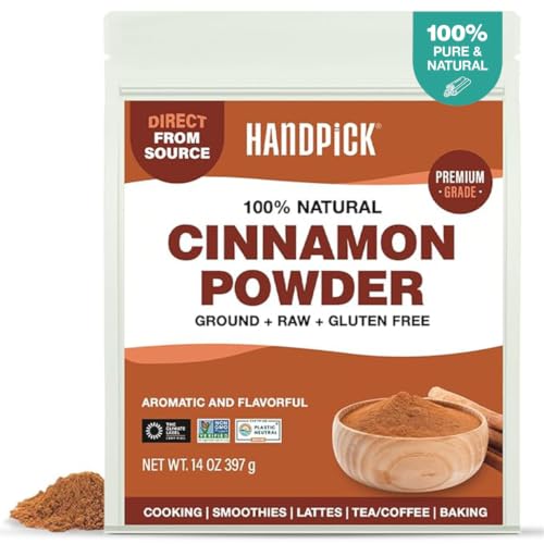 HANDPICK, Cinnamon Powder (397g/14oz) Non GMO, Gluten Free, 100% Raw, Sourced from South India, For Cooking, Smoothies, Lattes, Tea, Packed in Resealable Ziplock Pouch