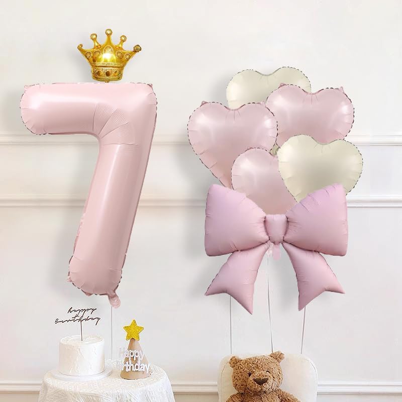 LilyZheng Pastel Pink Number 7 Foil Balloon Set with Gold Crown, Bow, Pink and Cream Heart Balloons for Girls 7th Birthday Party Decorations - Image 3