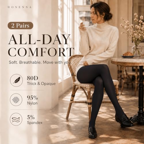 Image of HONENNA Sheer Tights for Women 2 Pairs Ultra Thin Reinforced T Crotch Control Top Pantyhose Stockings