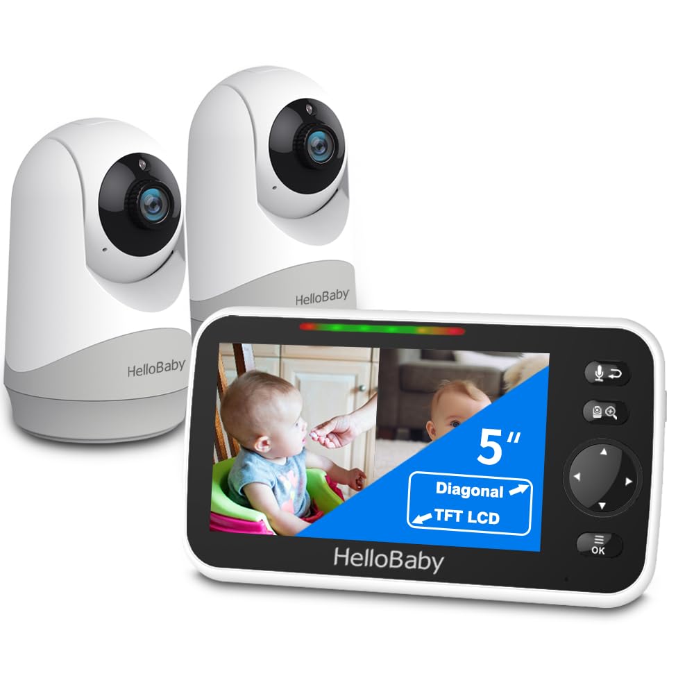 HelloBaby Monitor video baby monitor 5 pollici split-screen con doppia telecamera, telecamere, telecamere, visione notturna e monitoraggio della temperatura, modalità ECO, conversazione bidirezionale