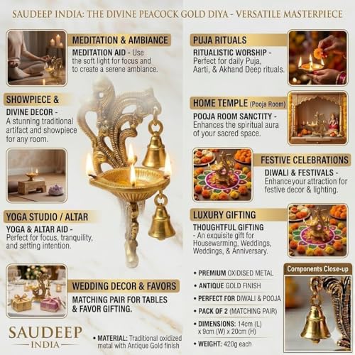 Image of Saudeep India Oxidized Metal Diya for Puja | Diwali Oil Lamp Peacock Design Perfect Gift | Antique Akhand Deepak Home Decor 14x9x20cm (Pack of 2 Diya with Couple Rakhi)