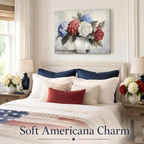 Image of RIBNTAK Patriotic Hydrangea Wall Art USA Red White Blue Flower Vase Print Pictures Wall Decor Canvas Painting Artwork Decorations for Bedroom Bathroom Kitchen Living Room,Made in USA