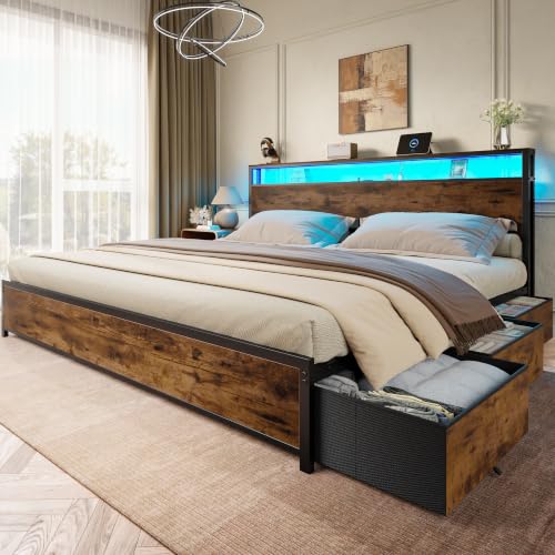 Image of Forestell King Size Bed Frame with 2-Tier Storage Headboard & 6 Drawers | Platform Bed with Heavy Duty Slat Support, Charging Station & LED, USB, Type-C & AC Ports, Noise-Free, No Box Spring, Brown