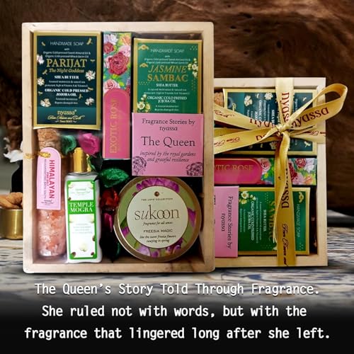 Image of Nyassa The fragrance stories by nyassa:THE QUEEN Gift set Natural Bath & Body Care Set,Handmade Soap,Roll On,Hand & Body Moisturizer,Bath Salt,Scented Candle,Premium Kit | raksha bandhan special gift