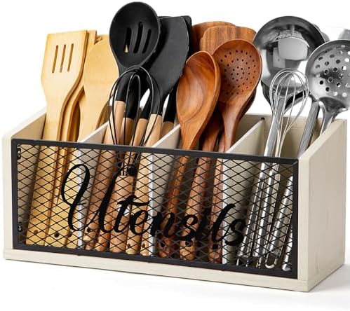 Extra Large Kitchen Utensil Holder with 4 Compartments, Wooden Cooking Utensil Holder for Counter, Farmhouse Utensil Organizer for Countertop, Spatula Holder, Rustic Kitchen Decor, White
