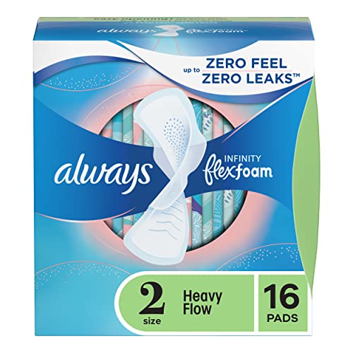 Always Infinity Feminine Pads For Women, Size 2 Heavy Flow Absorbency, With Flexfoam, With Wings, Unscented, 16 Ct