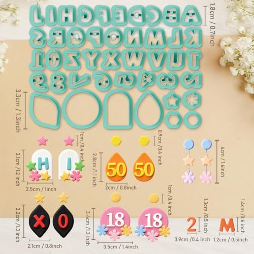 Image of ORIGACH 44 Pcs Alphabet & Number Theme Polymer Clay Cutters Set Frame Flower Earring Clay Cutter DIY Craft Supplies for Earring and Jewelry Making