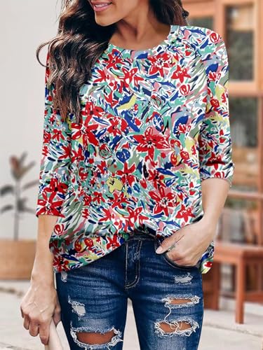 KISSMODA Tunic Tops for Women Loose Fit Dressy Round Neck Pleated 3/4 Length Sleeve Spring Tops