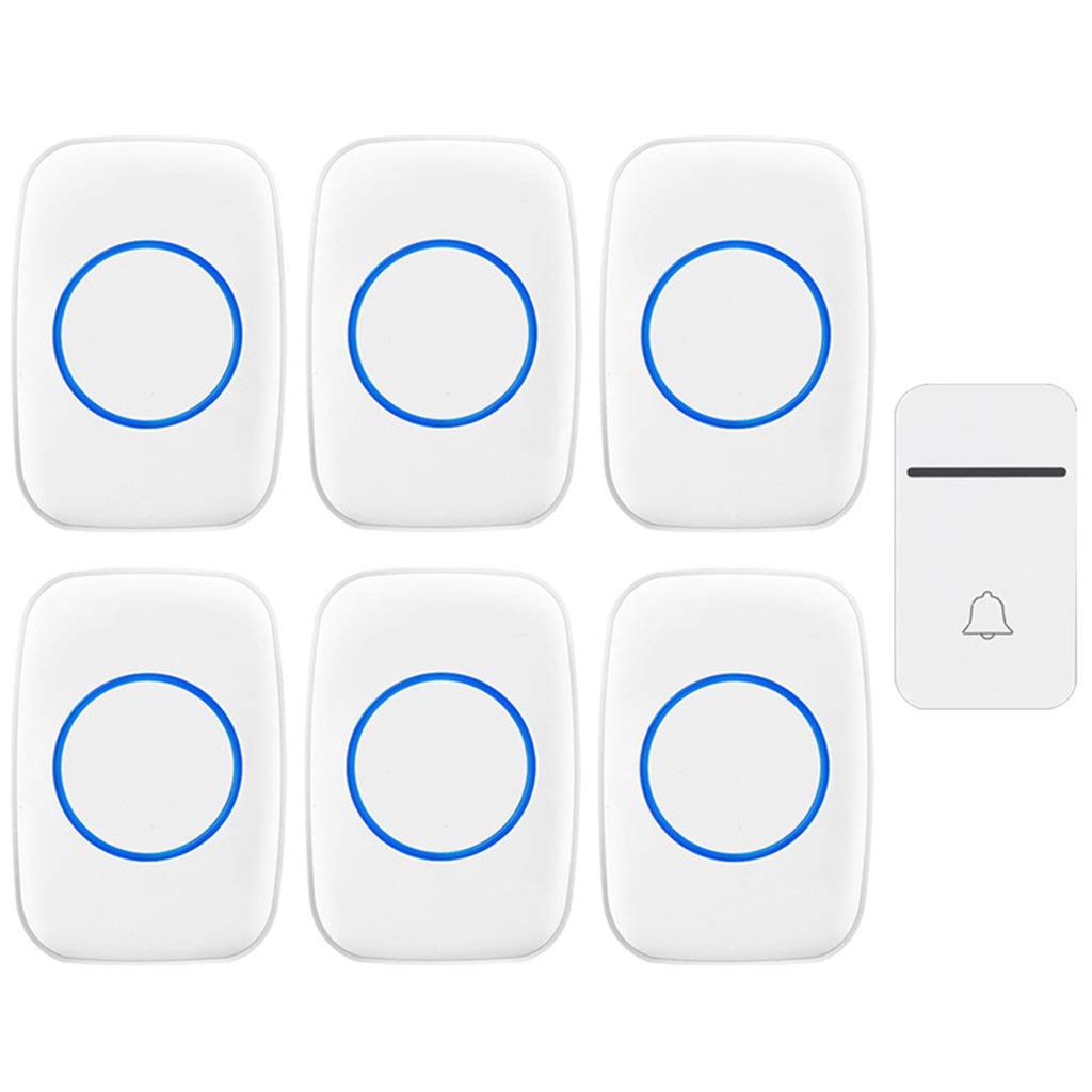 Timbre inalámbrico autoalimentado, 1 transmisor de botón y 6 receptores enchufables, Timbre de Puerta Impermeable IP44, 38 Tonos de Llamada, 3 Niveles de Volumen (Blanco)