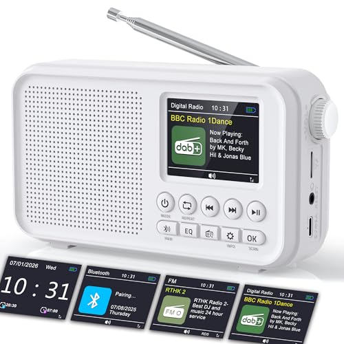 Tragbares DAB/DAB+ Radio, UKW Digitalradio mit Bluetooth 5.0, FM Wiederaufladbar Radio mit 3000mAh Akku, Dual Wecker, EQ-Modi, 80 Voreingestellte, 2,4 'großes Farbdisplay, Unterstützung für TF-Karten