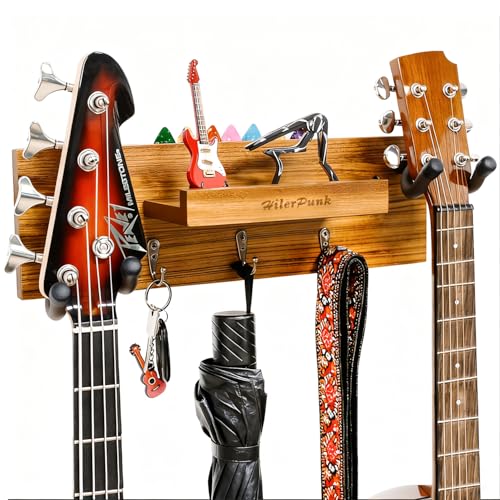 Support mural pour guitare,support mural pour guitare en bois massif avec 3 crochets de rangement...