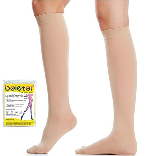 Miniatura 10 de Beister Calcetines de compresión de punta cerrada hasta la rodilla para mujeres y hombres, soporte graduado firme de 20-30 mmHg para venas