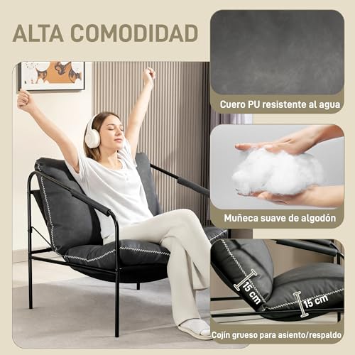 Miniatura 4 de Homcom Butaca De Salón Moderna, Sillón De Lectura Tapizado En Cuero Sintético, Fundas De Cojines Extraíbles, Acolchado Grueso, Patas De Metal, Para Dormitorio, Oficina, Gris Carbón
