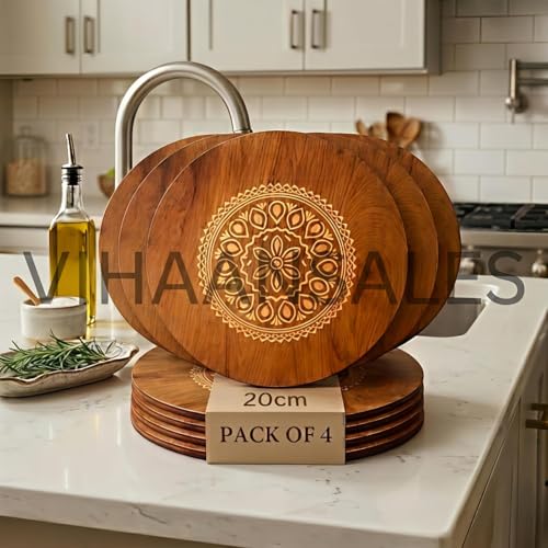 Image of Round Wooden Trivet,Place Mate Set of 4 (20cm) |Bamboo Table Mats with Engraved Design | Heat Resistant Hot Pot Stand| Dining Table Protector | Wooden Coaster for Kitchen & Cookware (20x20 cm)