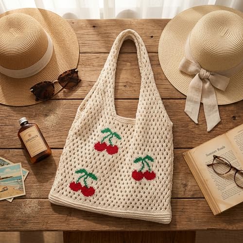 Image of CHERRY Pattern Crochet Tote Bag for Women - Beige Knit Shoulder Handbag, Lightweight Large Capacity Summer Beach Bag, Shopping, Travel & Daily Use Casual Tote