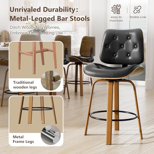 Butacos Giratorios para Isla de Cocina de 26 Pulgadas, Set de 2, Tapizados en Cuero Sintético Negro con Acabado Botón Tufted y Espaldar de Madera Curvada, Patas de Metal, Estilo Mid-Century Moderno miniatura 6