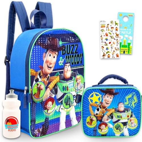 Disney Mochila Toy Story com conjunto de lancheira – Pacote com mochila Woody e Buzz Lightyear de 40,6 cm, lancheira, garrafa de água, adesivos, mais | Conjunto de mochilas escolares Toy Story 5 para