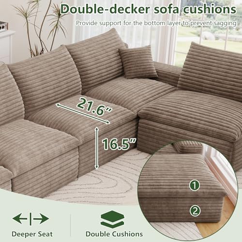 Image of 136 inch Cloud Couch Modular Sectional Sofa for Living Room, L-Shape Boneless Couch with Deep Seat, Modern Corduroy 5-Seater, No Assembly Required,Camel