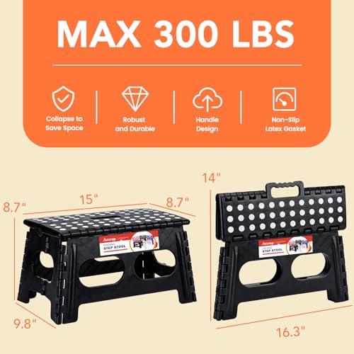 Image of ACSTEP Folding Step Stool,15-Inch Extra Wide 9 Inch Height Heavy Duty Stepping Stool Safer and More Comfortable Non Slip Foldable Step Stool for Kids and Adults Black