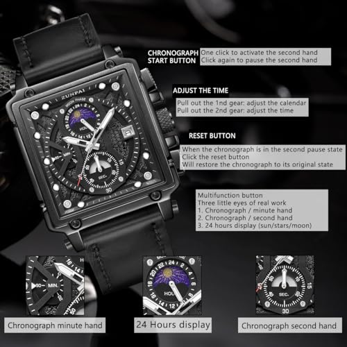 Image of ZUNPAI Moon Phase Watch for Men Multifunction Chronograph Dial Analog Quartz Square Wristwatch Business Dress Watch with Luminous Waterproof Calendar Silicone Strap