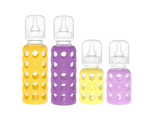 Lifefactory Biberones de vidrio con protección de silicona, paquete de 4, botellas de 4 onzas 9 onzas, (1 plátano, 1 mango, 1 lavanda y 1 uva)