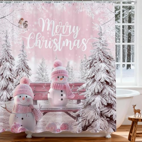 Mocsicka Merry Christmas Shower Curtain Pink Cute Snowman Shower Curtain White Winter Snowflake Xmas Ball Tree Birds Christmas Bathroom Decor Waterproof Fabric 72 X 72 Inch