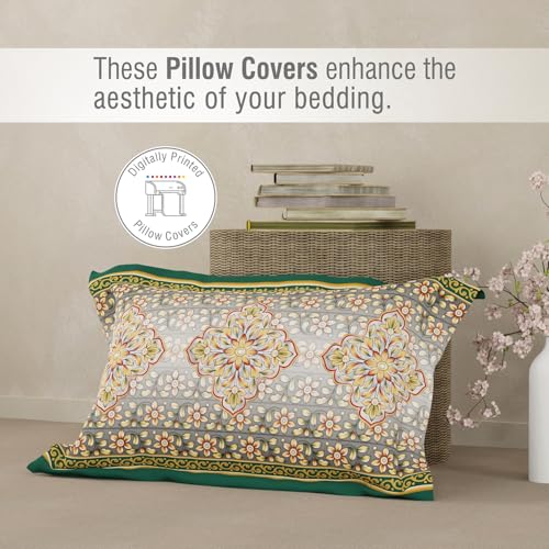 Image of BOUTIQUE LIVING Heritage Walk 100% Egyptian Cotton 200 TC Green Ethnic Print Single Bedsheet with 1 Pillow Cover