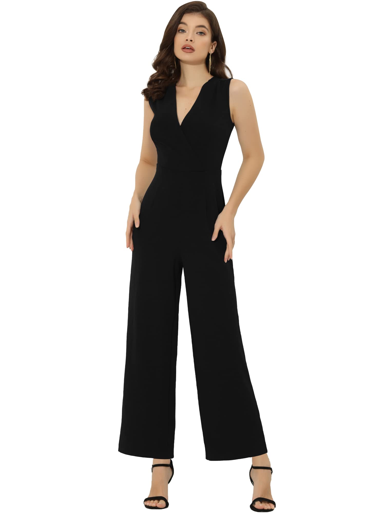Allegra K Mono sin mangas para mujer, cuello en V, cintura alta, pierna ancha, pantalones largos