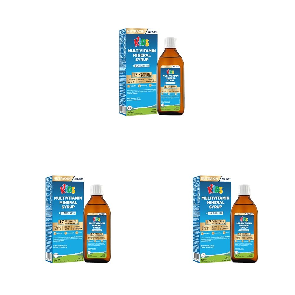 Nutraxin Kids Multivitamin Mineral Şurup 150 ml – 17 Vitamin ve Mineral, L-Arjinin, Kara Mürver, Beta Glukan, Çocuklar İçin Bağışıklık ve Gelişim Desteği (3 paketi)