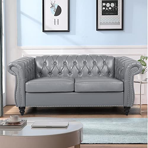 Image of LEVNARY Leather Sofa, Chesterfield Tufted Upholstered 2 Seater Couch, Modern Loveseat Couch Classic Furniture for Living Room Bedroom (Gray)