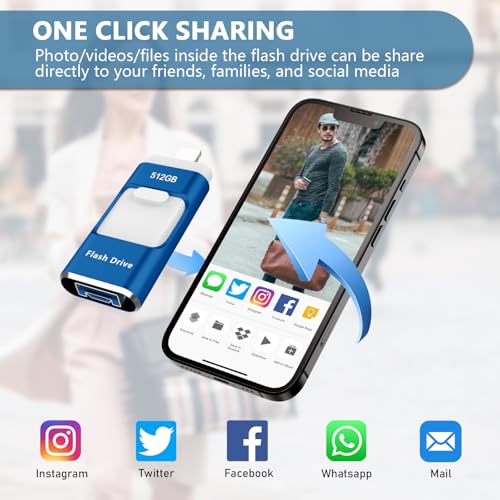 Image of 512GB Flash Drive[No App Required] Intended for Phone Tablet Androidphone and Computers, 4 in 1 Photo Stick for Phone Memory Storage Easily Backup Photos Videos（Blue）