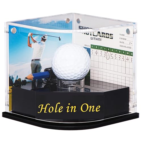 HYYPME Golf Ball Display Case for Hole-in-One Golfer. Black Ball Throne with Golden Stamp. 2X Background Frames on Each Side of Cambered Cover. Pencil Holder Adhesive Dots All Included No Assembly