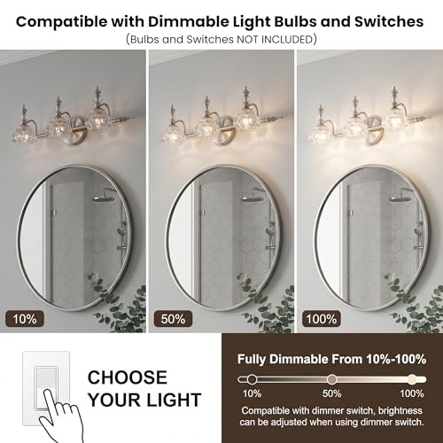 Image of Bathroom Vanity Light Fixtures, Farmhouse Vintage Wall Sconce Lighting with Glass Shade, Bath Vintage Wall Mounted Lamps for Mirror (3 Lights, Brushed Nickel, G9 Base)