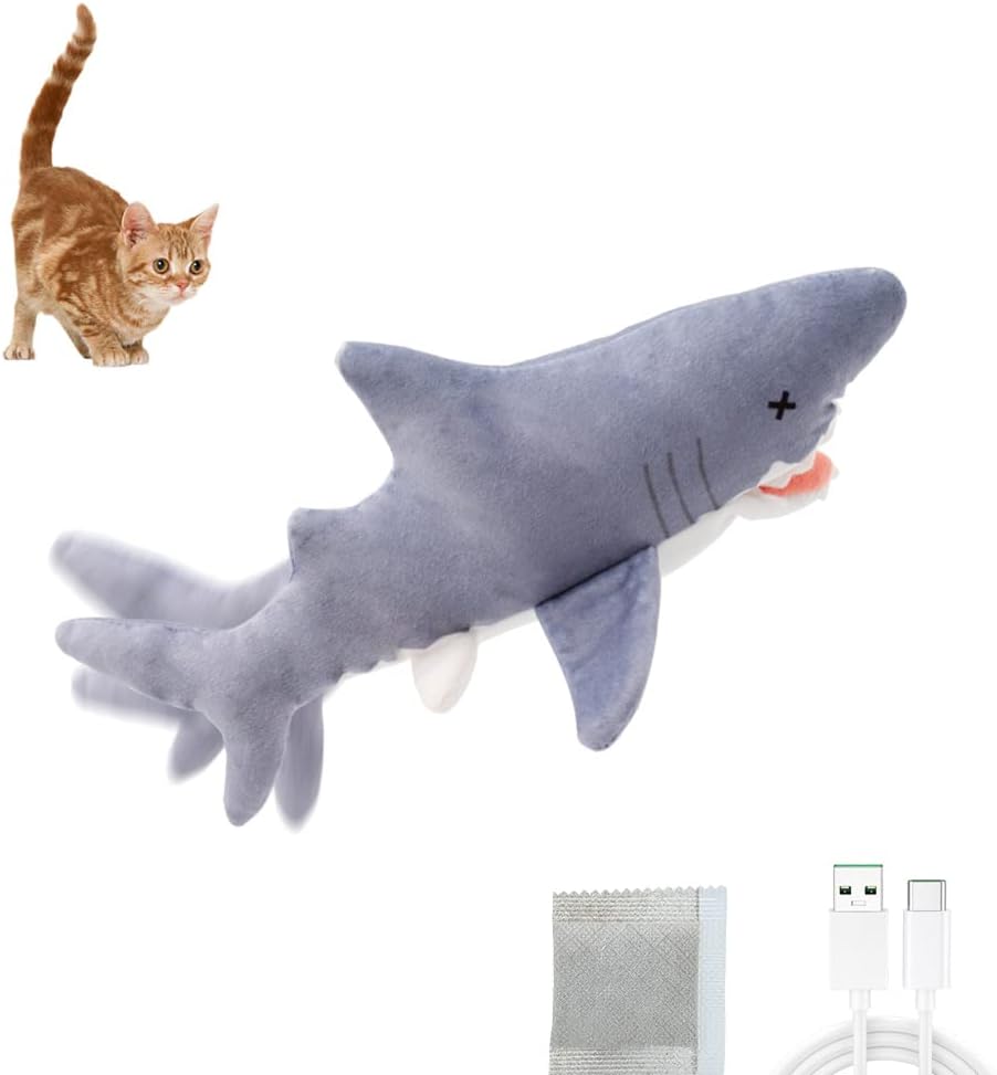 Kimpets Electric Fish Cat Toy , 11''Realistic Flopping Moving Shark Dog Toy, Cute Plush Interactive Pets Pillow Chew Bite Kick Supplies