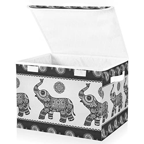 Oyihfvs Vintage Indian Tribal Enthic Elephants Black White Foldable Cube Storage Basket Collapsible Fabric with Lidded Sturdy Handles Organizer Box for Home Bedroom 16.5 x 12.6 x 11.8 in