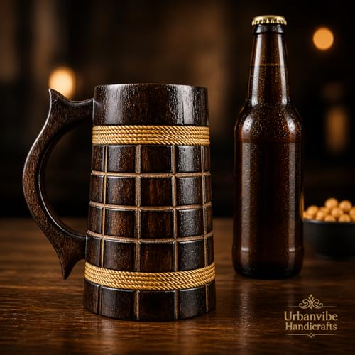 Image of Handmade Wooden Beer Mug, Wood with Sheesham Finish, Barrel Style, Lightweight & Durable, for Craft Beer, Home Bar, Cafe, Party, Gift(350ml) (Barfi)
