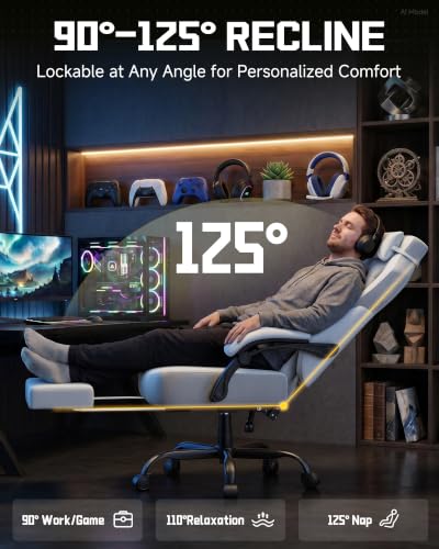 Image of GTPLAYER Big & Tall Gaming Chair, Wide Reclining with Footrest for Adults | Ergonomic High Back Computer Desk Chair, Comfort Padded Seat with Lumbar Support for Big /Tall, Office /Home, Light Blue