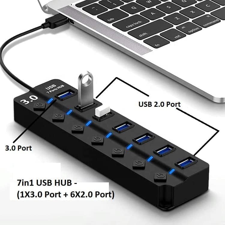 Image of Barebeauty USB 3 Hub, 0 7-Port with Individual Power Switches | High-Speed Data Transfer Multi USB Splitter for Laptop & PC | Portable USB Expander for Keyboard, Mouse, Pendrive & Accessories
