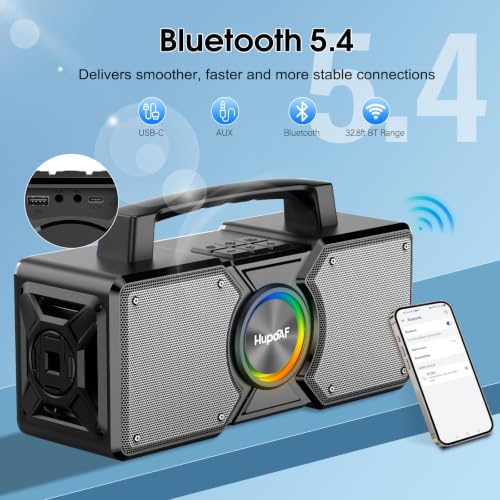 Image of Hupoaf Speakers Bluetooth Wireless,160W Max Loud Bass Outdoor Speaker, IPX7 Waterproof, Boombox Sound, All Day Battery, Wireless TWS Pairing Speakers Portable for Party, Outsides, Beach,Garage
