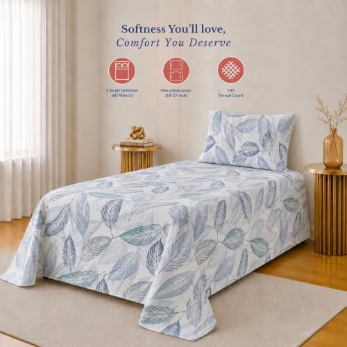 Image of Jaipur Weaves Single Bed Cotton Bedsheet with 1 Pillow Cover, 100% Pure Cotton Single Bedsheet 60x90 Inches, 240 TC Soft Breathable Bed Sheet - (Tealish Blue)