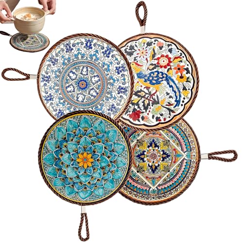 Lot de 4 dessous de plat en céramique et liège - 17 cm - Motif de cour - Facile à nettoyer - Résistant à la chaleur - Pour casseroles, verres, vases, bols...