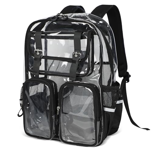 Clear Backpack, Transparent Heavy Duty PVC Backpack with Reinforced Straps, See Through Multiple Pockets Large Capacity Bookbag for Concert Work Security Travel Festival (Black)