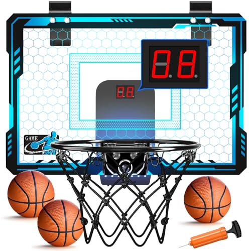 Mini Basketball Hoop Indoor with 7 Colors LED Lights Over The Door Basketball Hoop with Scorer and Batteries Door Basketball Hoop for Room Toy Basketball Set for Boys Girls Teens Adults