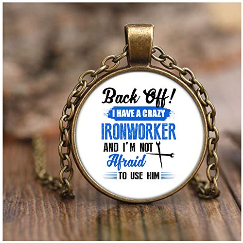 OMANECK I Have A Crazy Ironworker Necklace Antique Brass, I'm an Ironworker's Wife Necklaces (Necklace - Antique Brass - White)