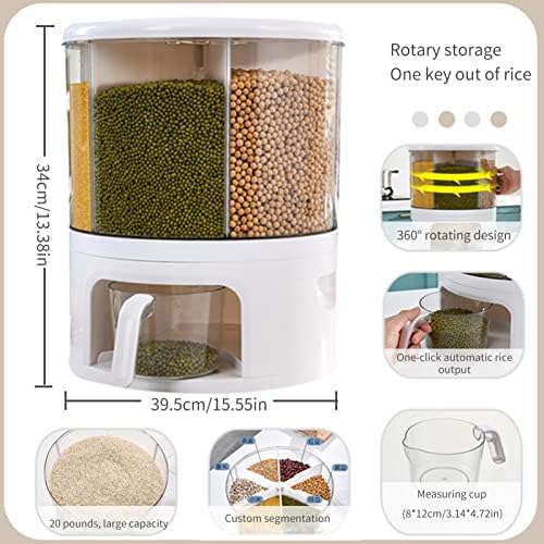 Bibest 6-Grid Rotating Rice Dispenser - Dry Food Dispenser 360 Degree Rotating - Waterproof and Moisture-Proof Large Rice Grain Storage Container for Grains Coffee Beans