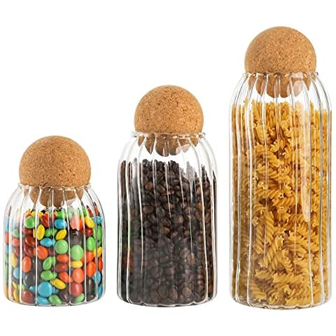 Dicunoy Set of 3 Glass Jars, Glass Food Storage Container Sets with Wood Lid Ball for Kitchen Counter, Storage Canister Set for Tea, Coffee, Spice, Sugar, Salt, Flour (500ml, 800ml, 1200ml) Cover